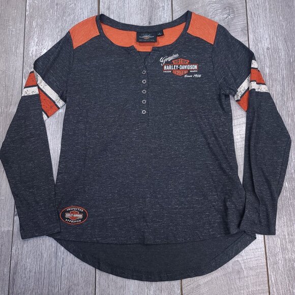 Harley Davidson Shirt Womens Medium Back Print Henley Long Sleeve Shop Top - Picture 1 of 7